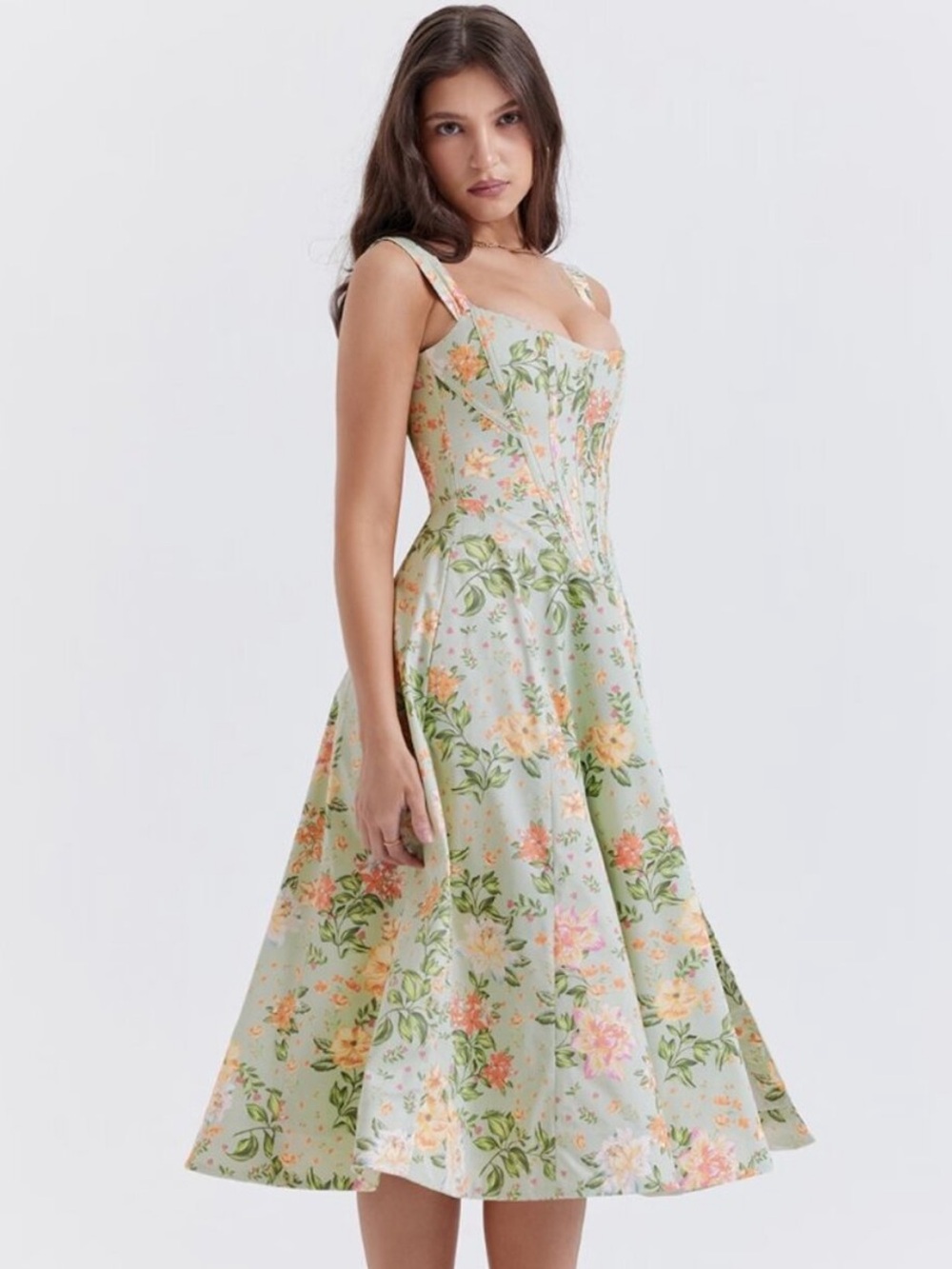 House of CB Saira Lace Up Corset Mint Floral Mid Dress